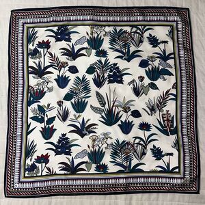 Tory Burch White Navy Green Teal Rust Burgundy Blue Floral Square Scarf